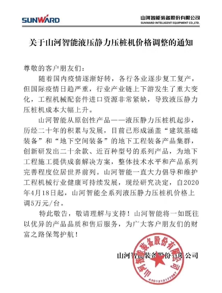 关于TVT体育官网智能液压静力压桩机价格调整的通知